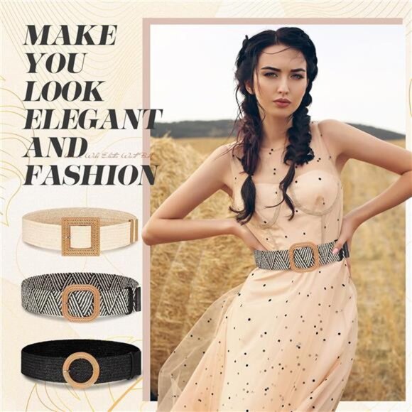 3 Pieces Straw Woven Elastic Waist Belt for Women Bohemian Dress Braided